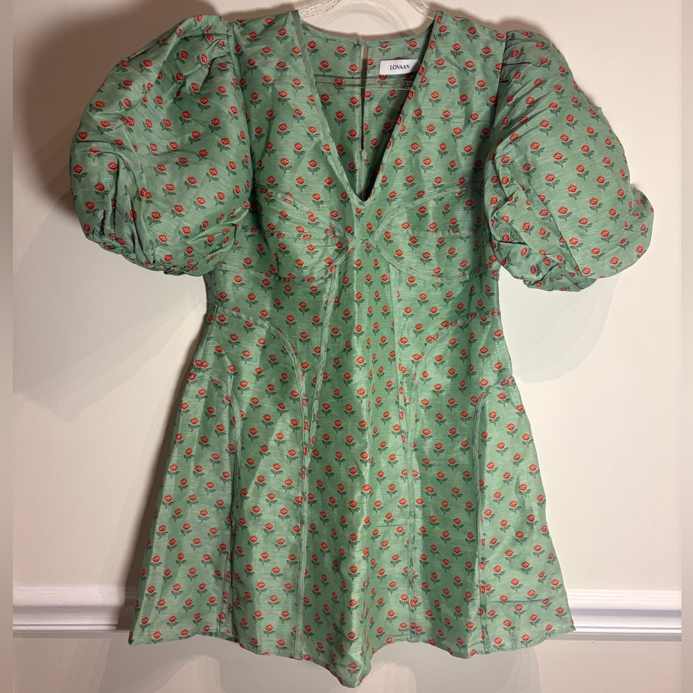 LOVAAN NWT Adeline Mini Puff Sleeve Linen Silk Dress in Green Rosette Size 10 - Picture 6 of 11